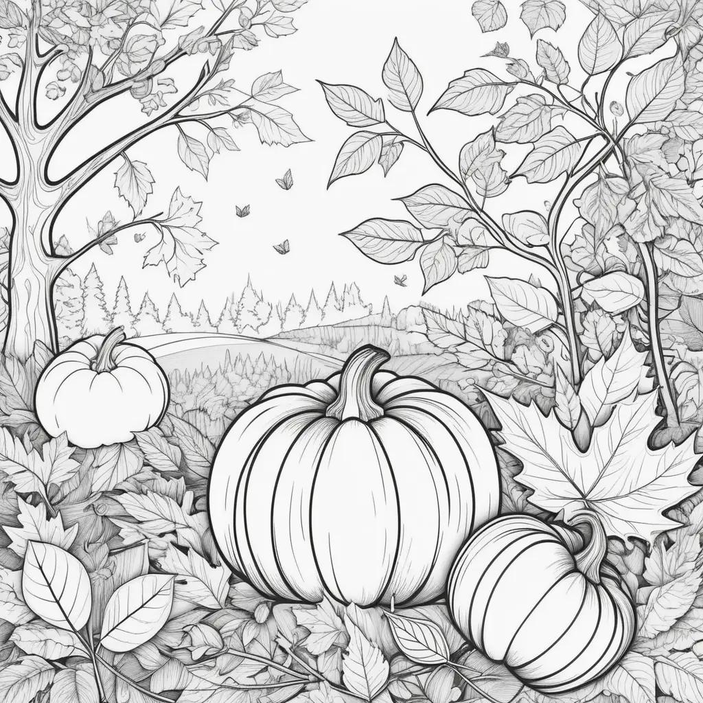 Black and white coloring pages of pumpkins in autumn