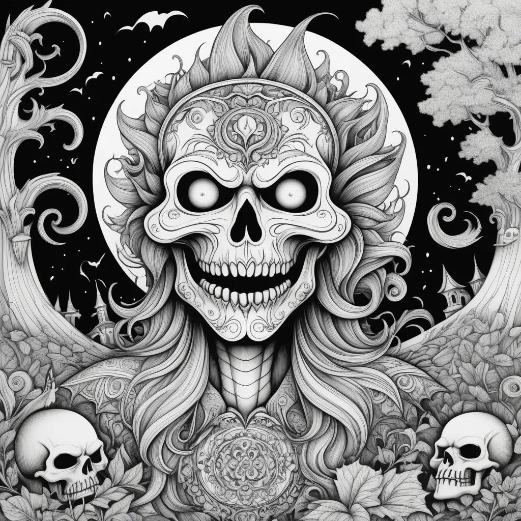 Black and white coloring pages of scary skulls