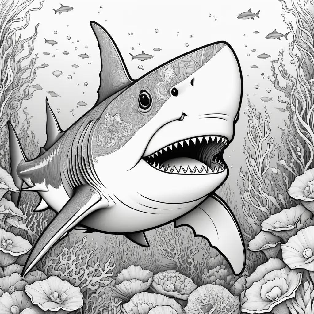 Black and white coloring pages of sharks in the sea