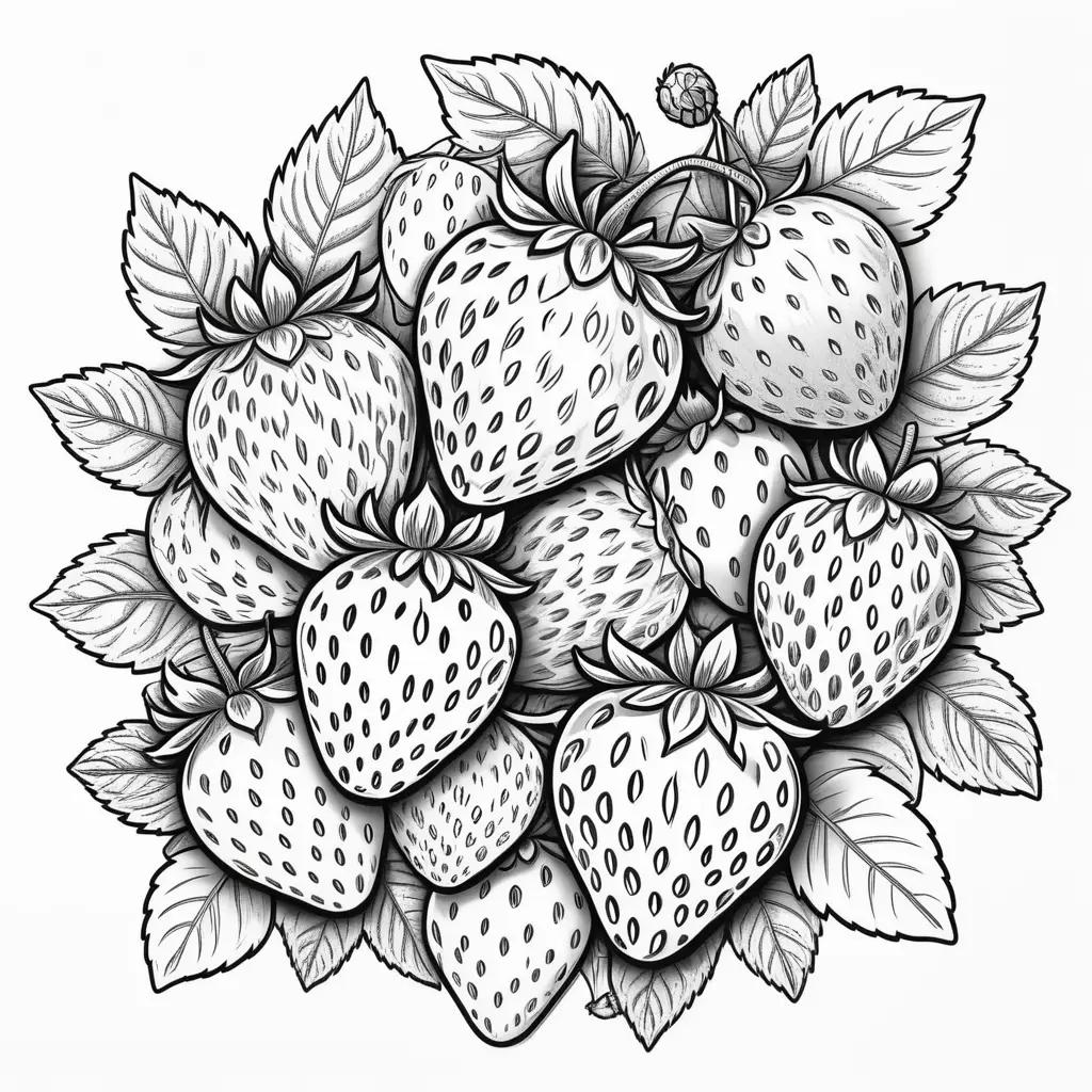 Black and white coloring pages of strawberries and leaves