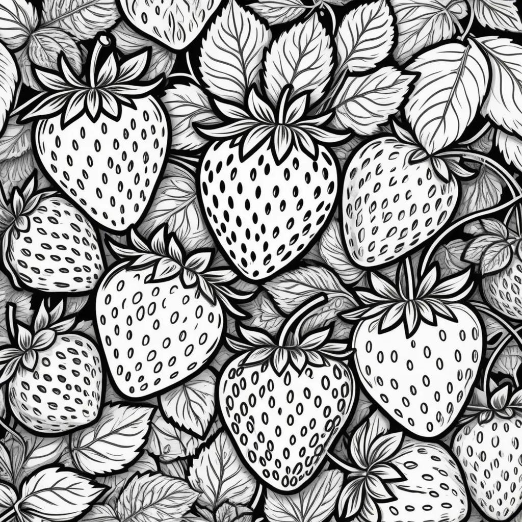 Black and white coloring pages of strawberries and leaves