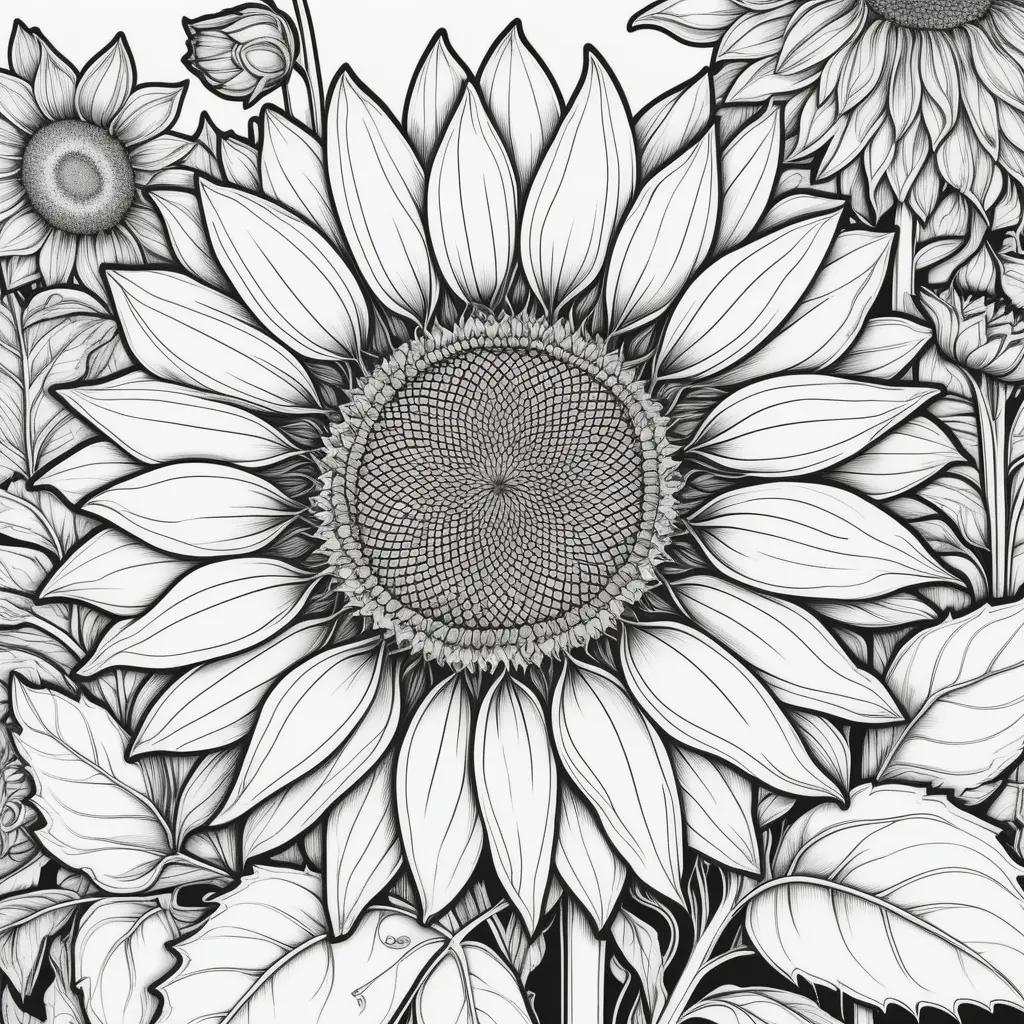 Black and white coloring pages of sunflowers and leaves