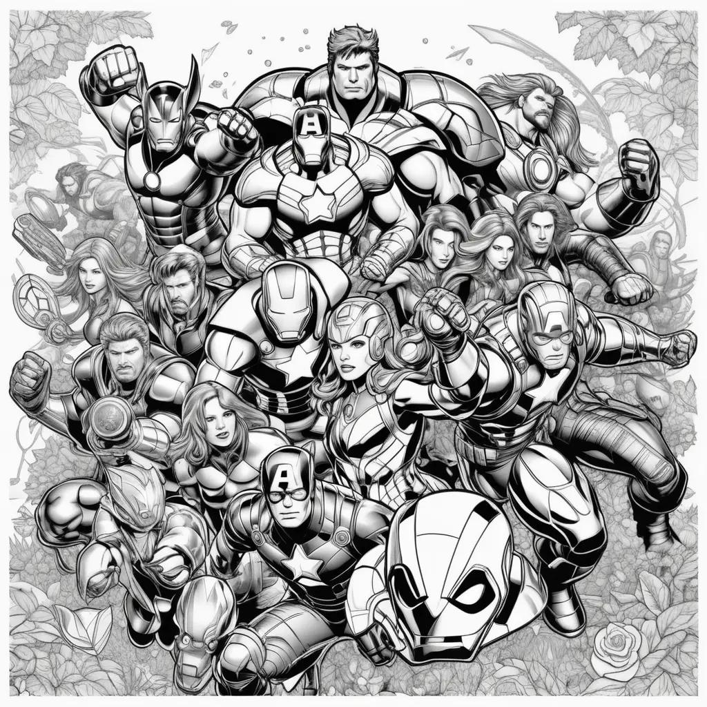 Black and white coloring pages of the Avengers