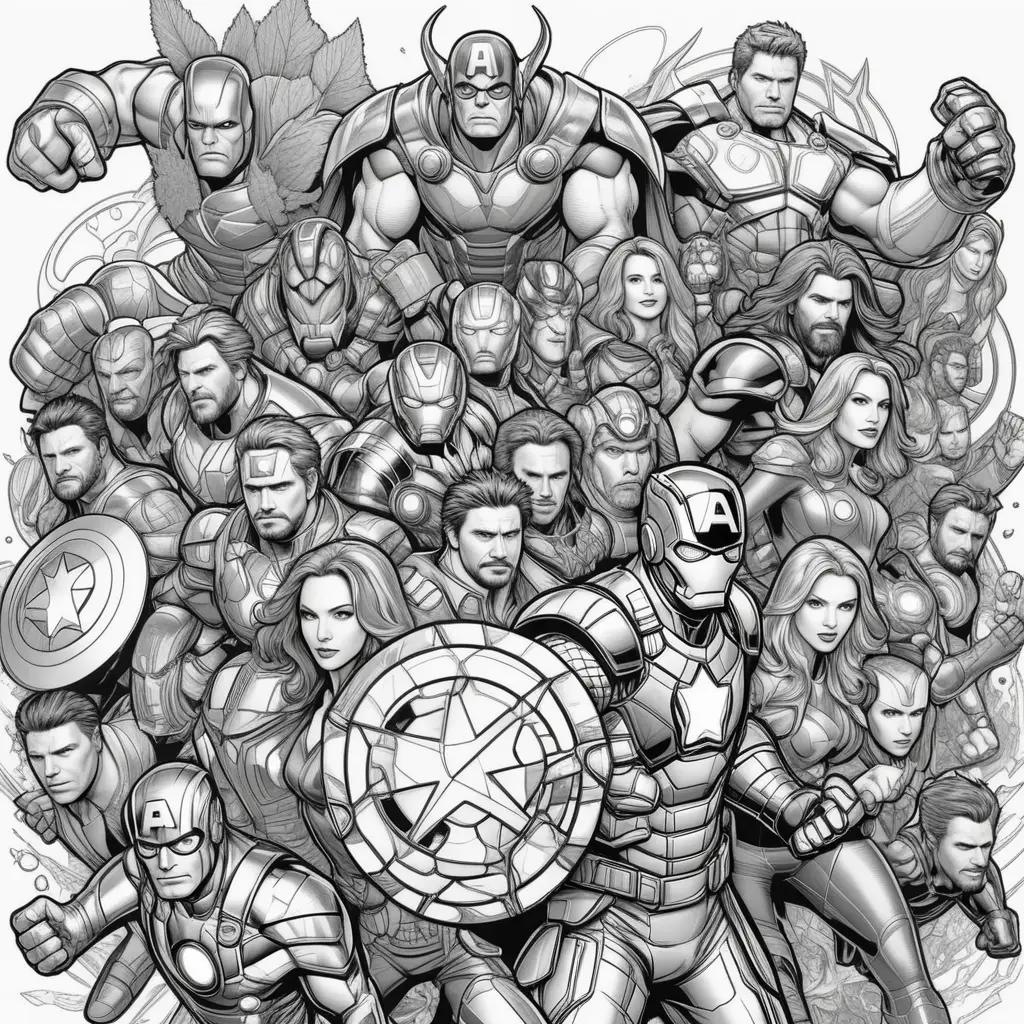 Black and white coloring pages of the Avengers