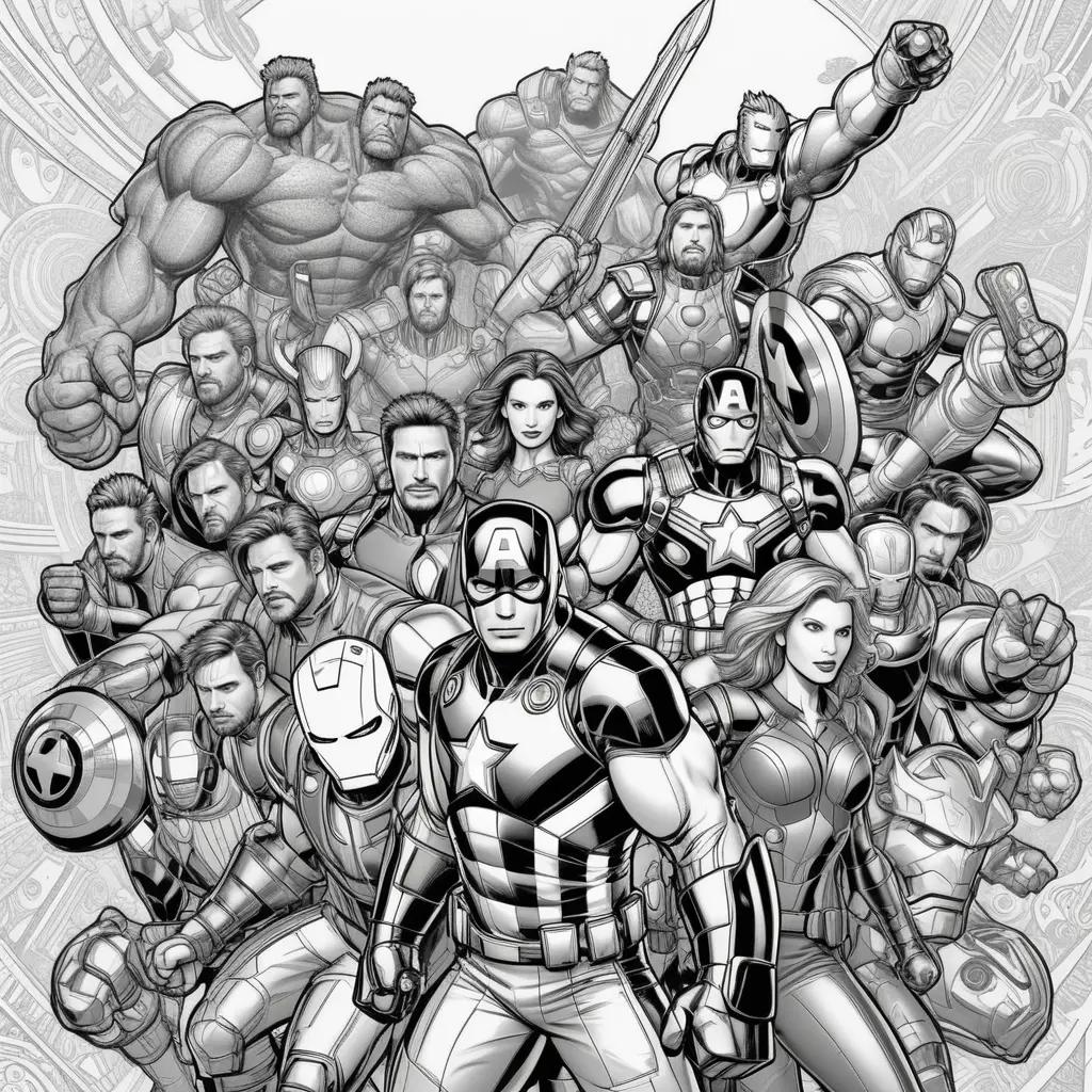 Black and white coloring pages of the Avengers