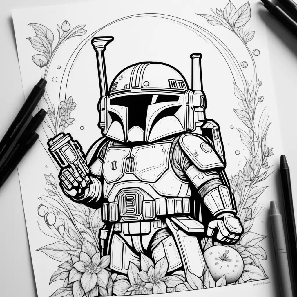 Black and white coloring pages of the Boba Fett helmet and weapon