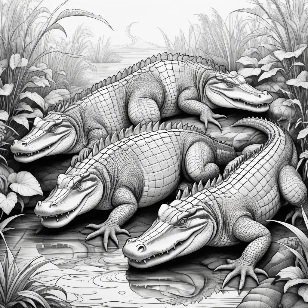 Black and white coloring pages of three alligators