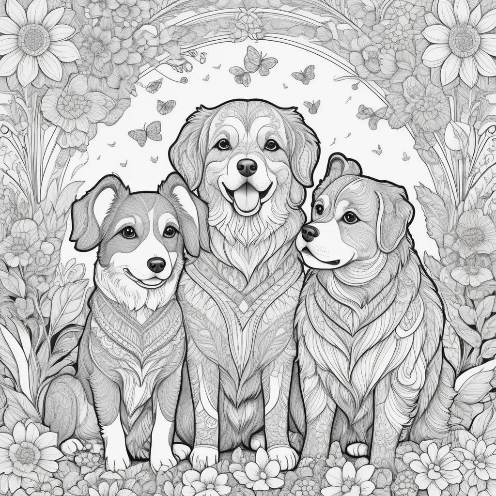 Black and white coloring pages of three dogs