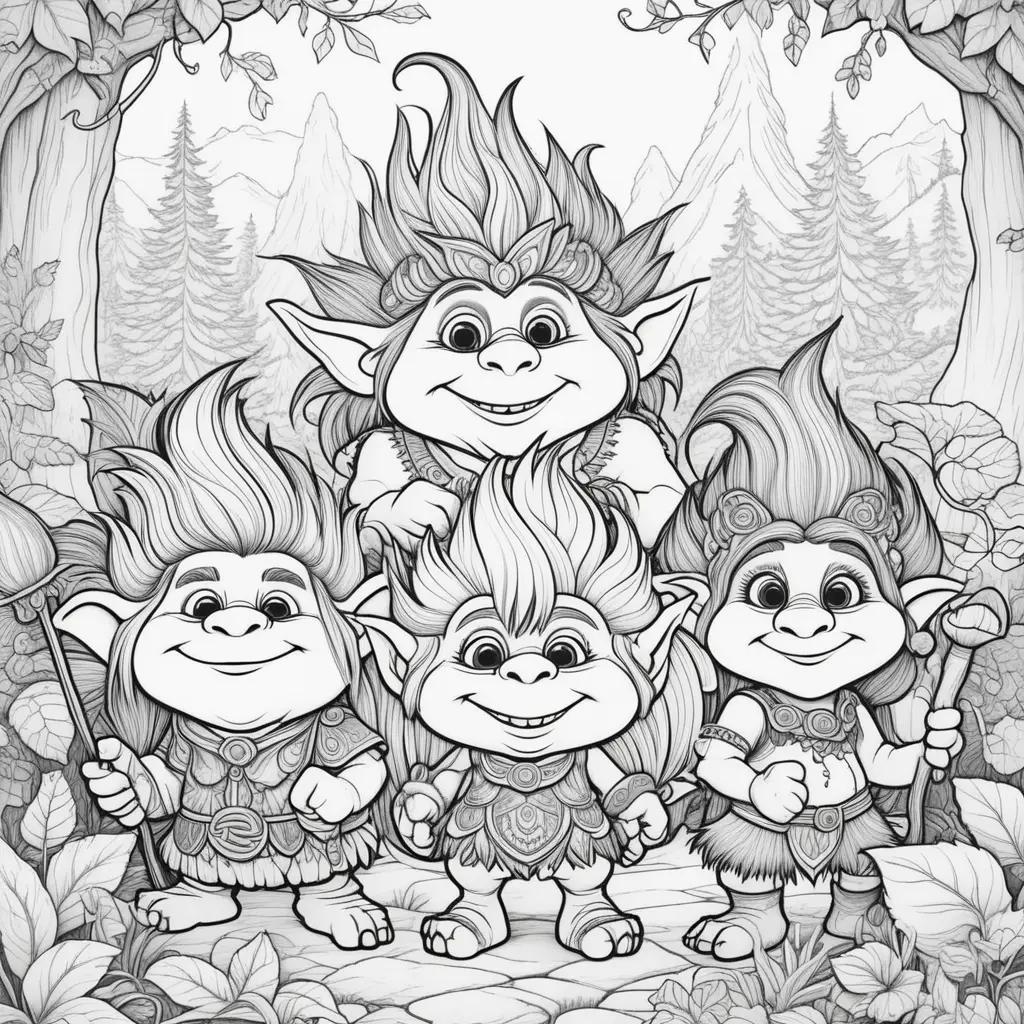 Black and white coloring pages of three trolls