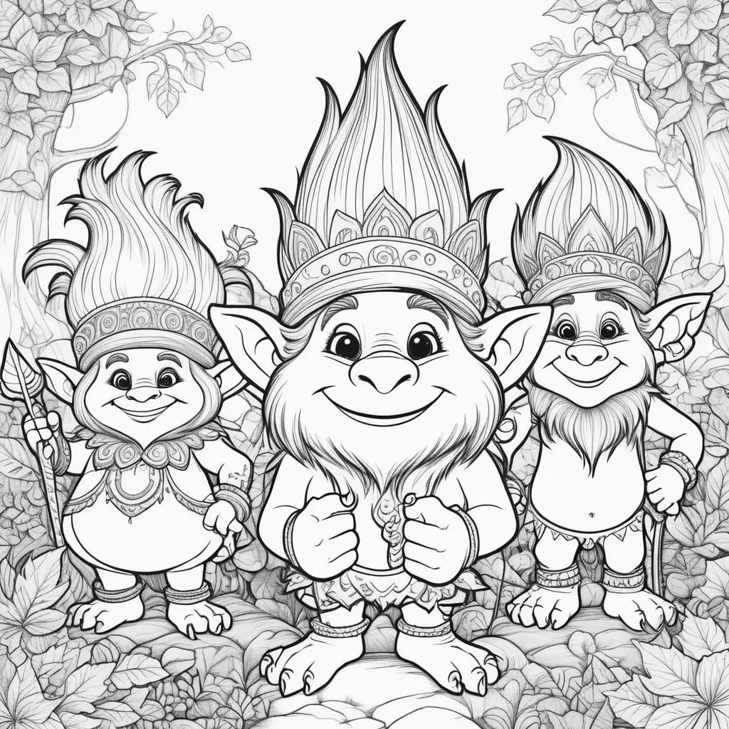 Black and white coloring pages of trolls in the woods