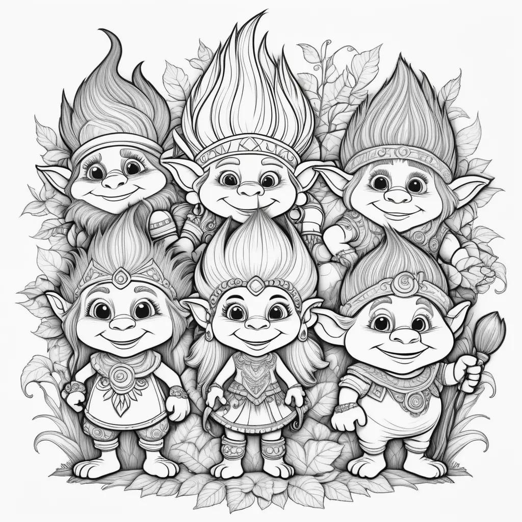 Black and white coloring pages of trolls with flowers