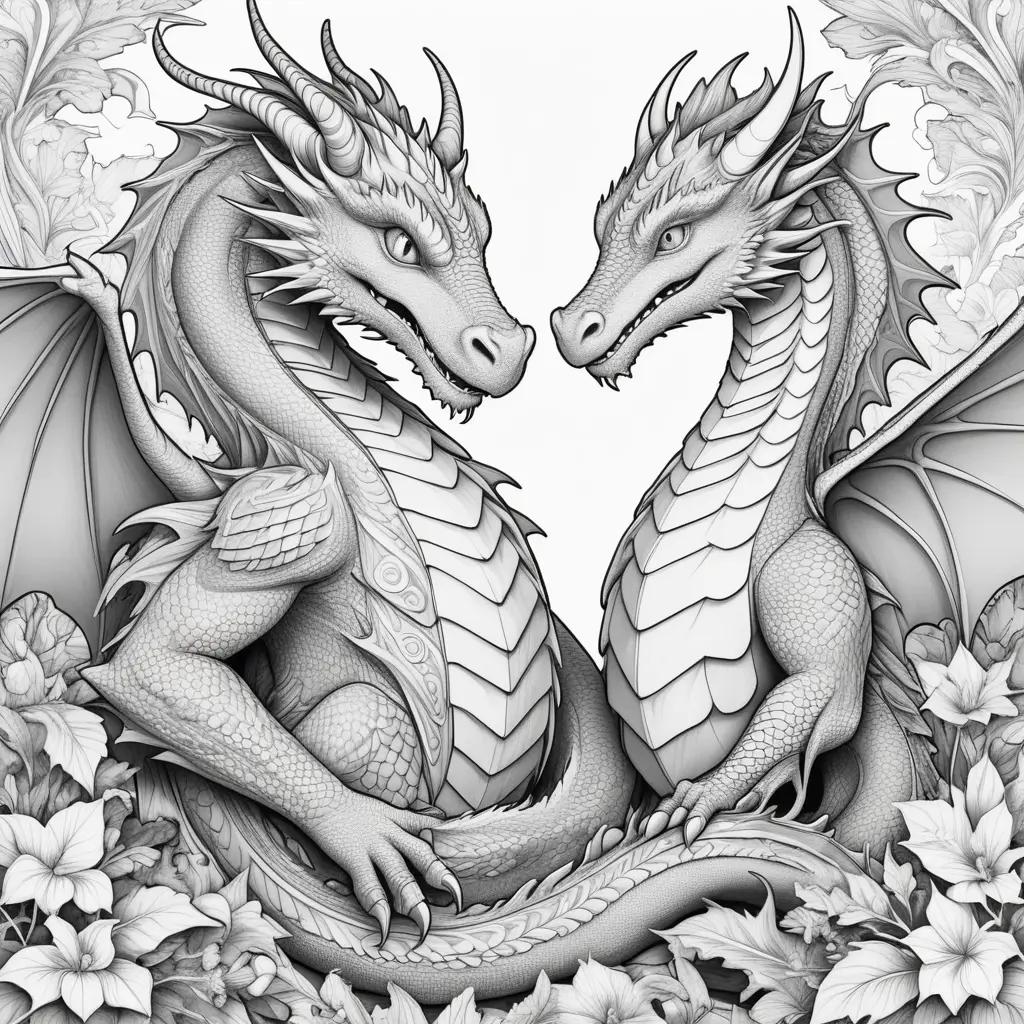 Black and white coloring pages of two dragons