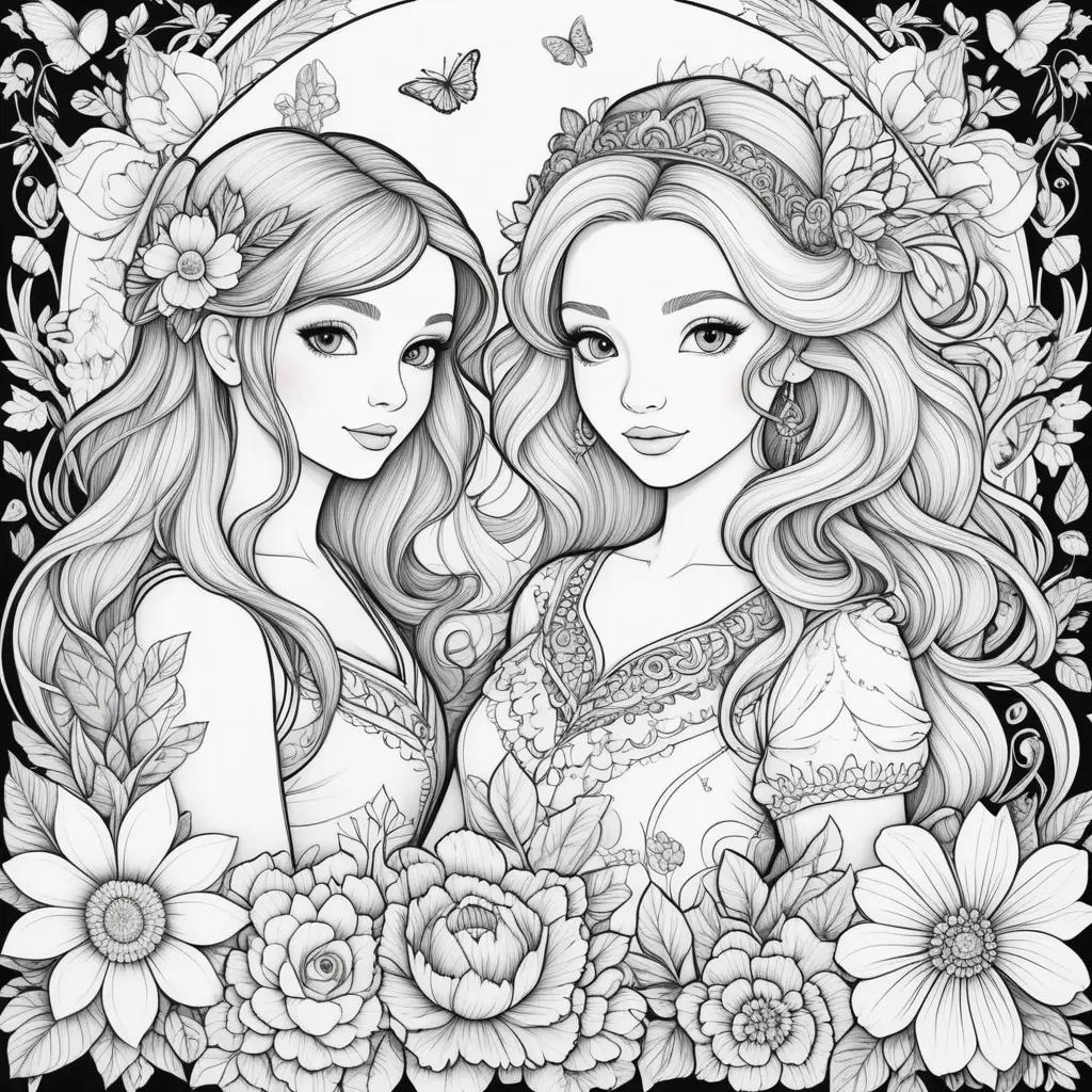 Black and white coloring pages of two girls and flowers