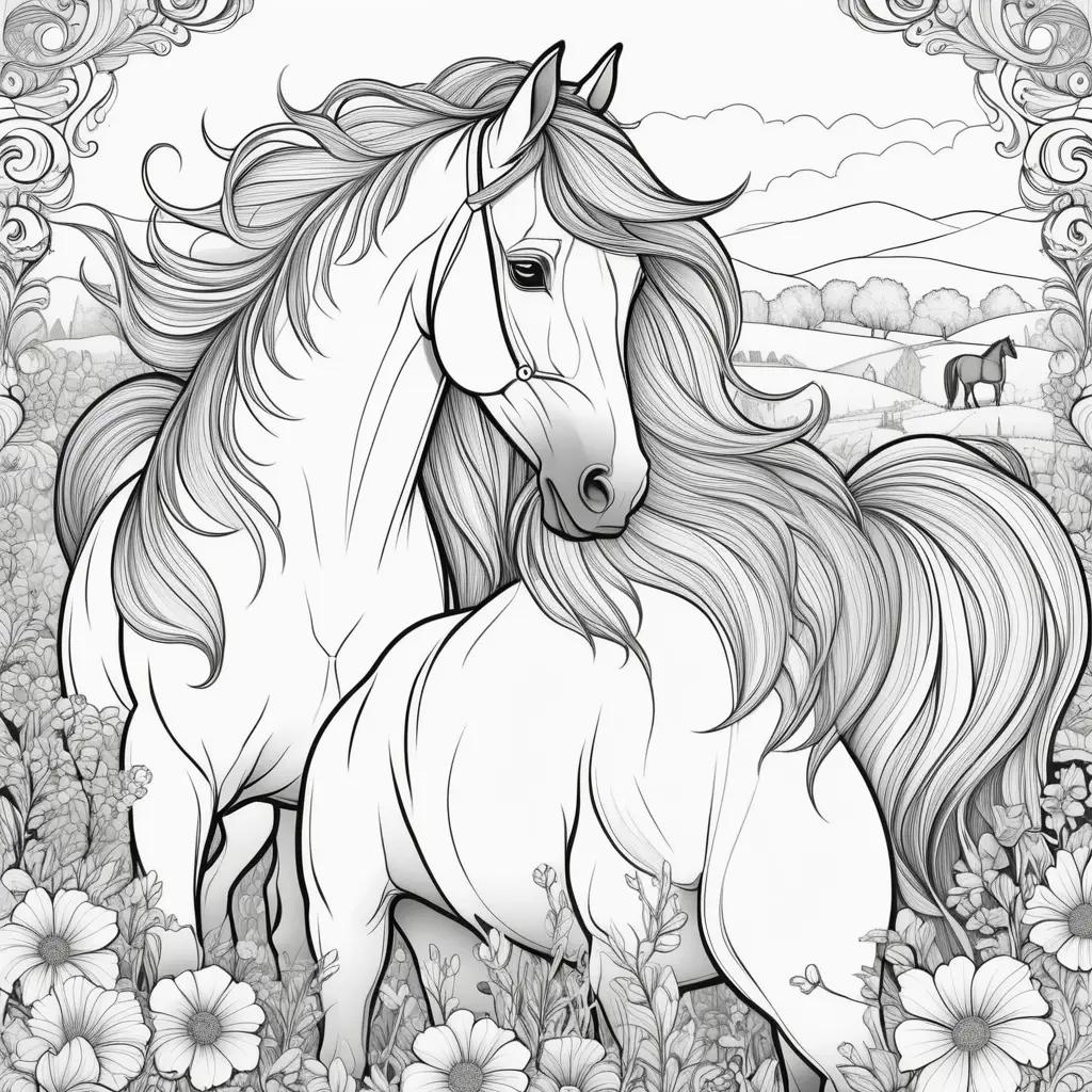 Black and white coloring pages of two horses