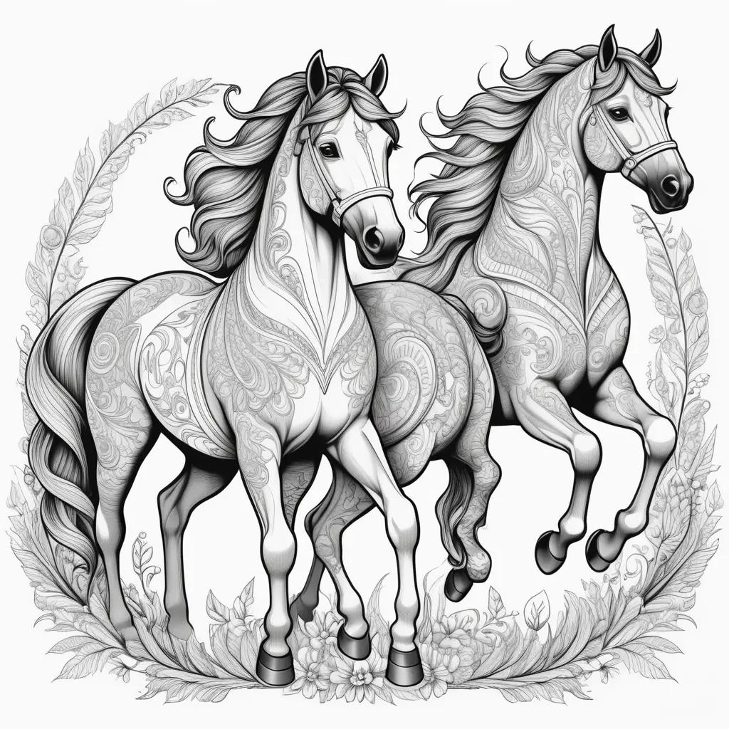 Black and white coloring pages of two horses