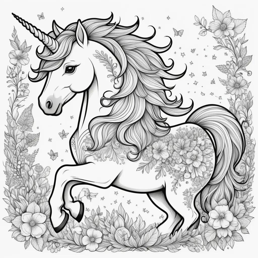 Black and white coloring pages of unicorns with flowers