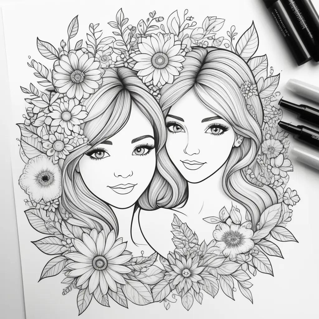 Black and white coloring pages of women with flowers for Mothers Day