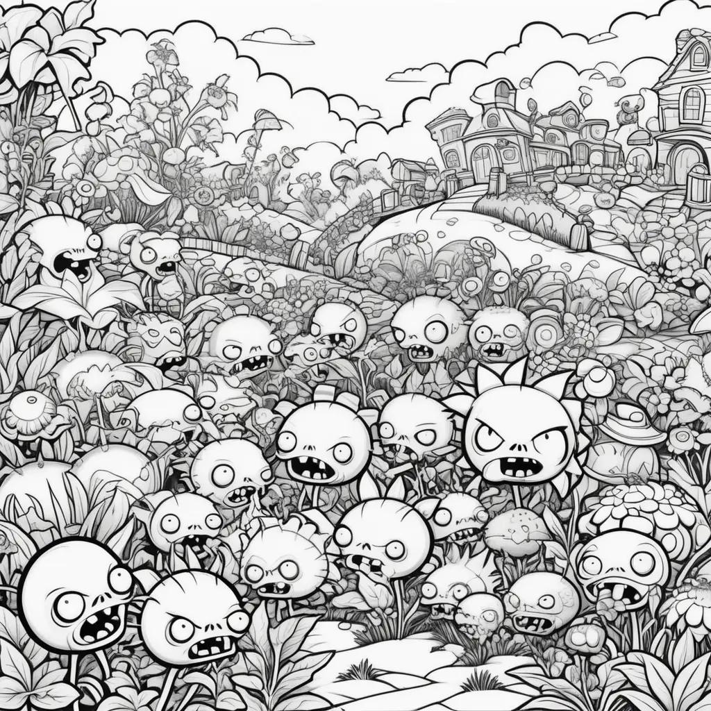 Black and white coloring pages of zombies and plants