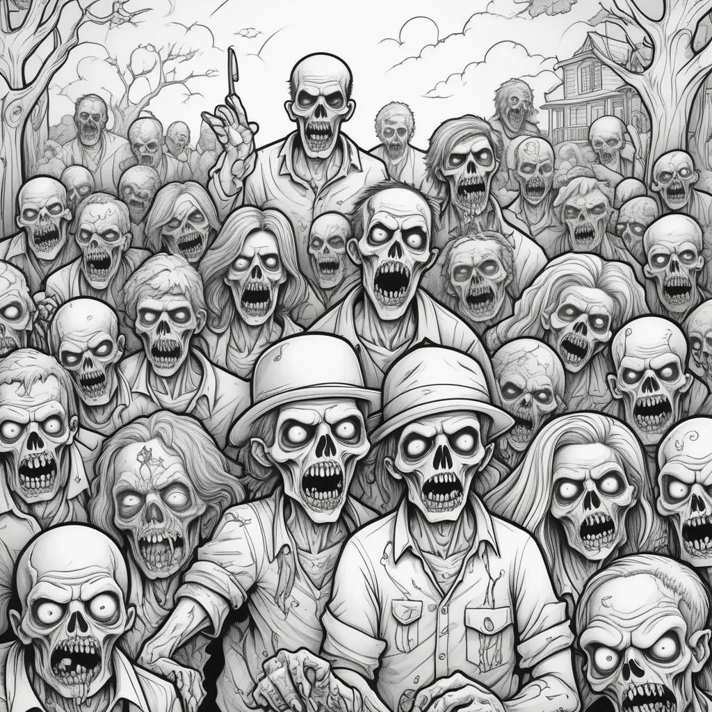 Black and white coloring pages of zombies and their owner