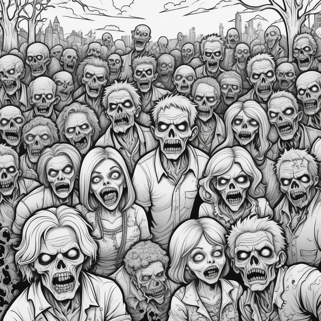 Black and white coloring pages of zombies in a crowd