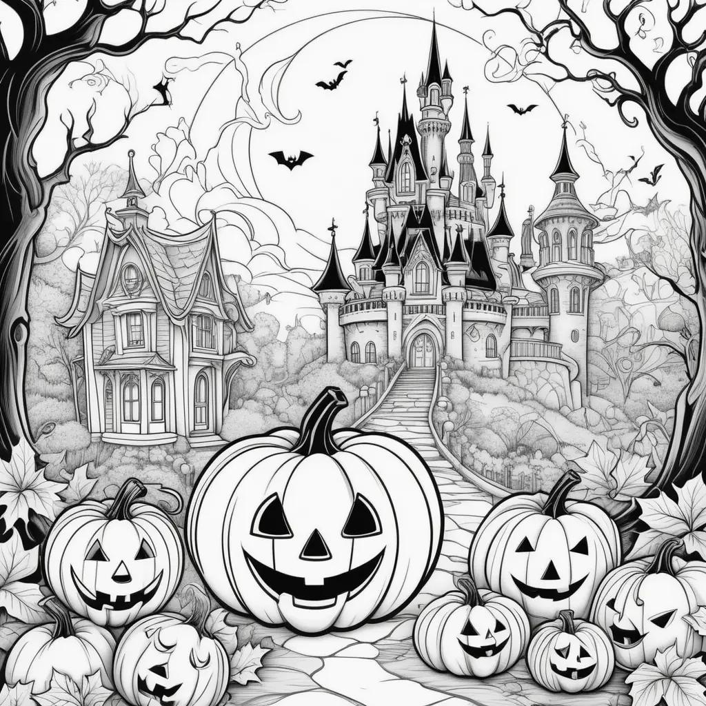 Black and white coloring pages with Halloween pumpkins and castle