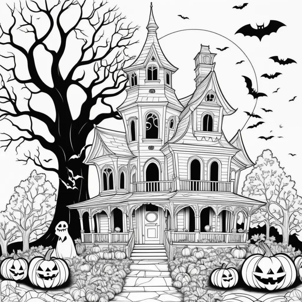 Black and white coloring pages with a Halloween house and pumpkins