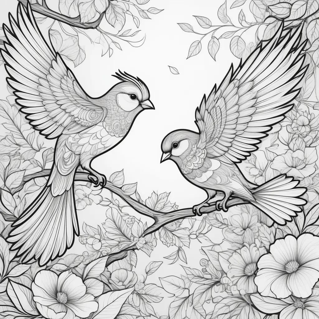 Black and white coloring pages with birds and flowers