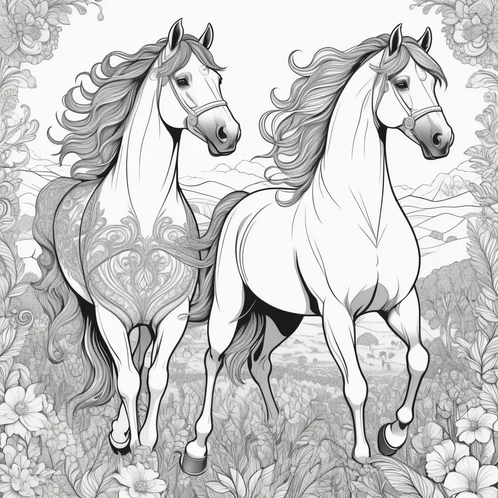 Black and white coloring pages with horses and flowers