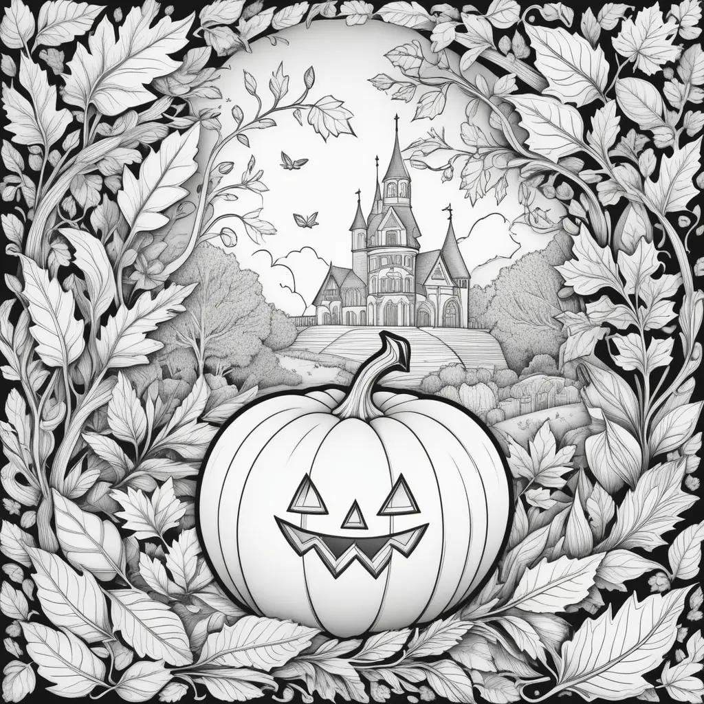 Black and white coloring pages with pumpkins and leaves for fall