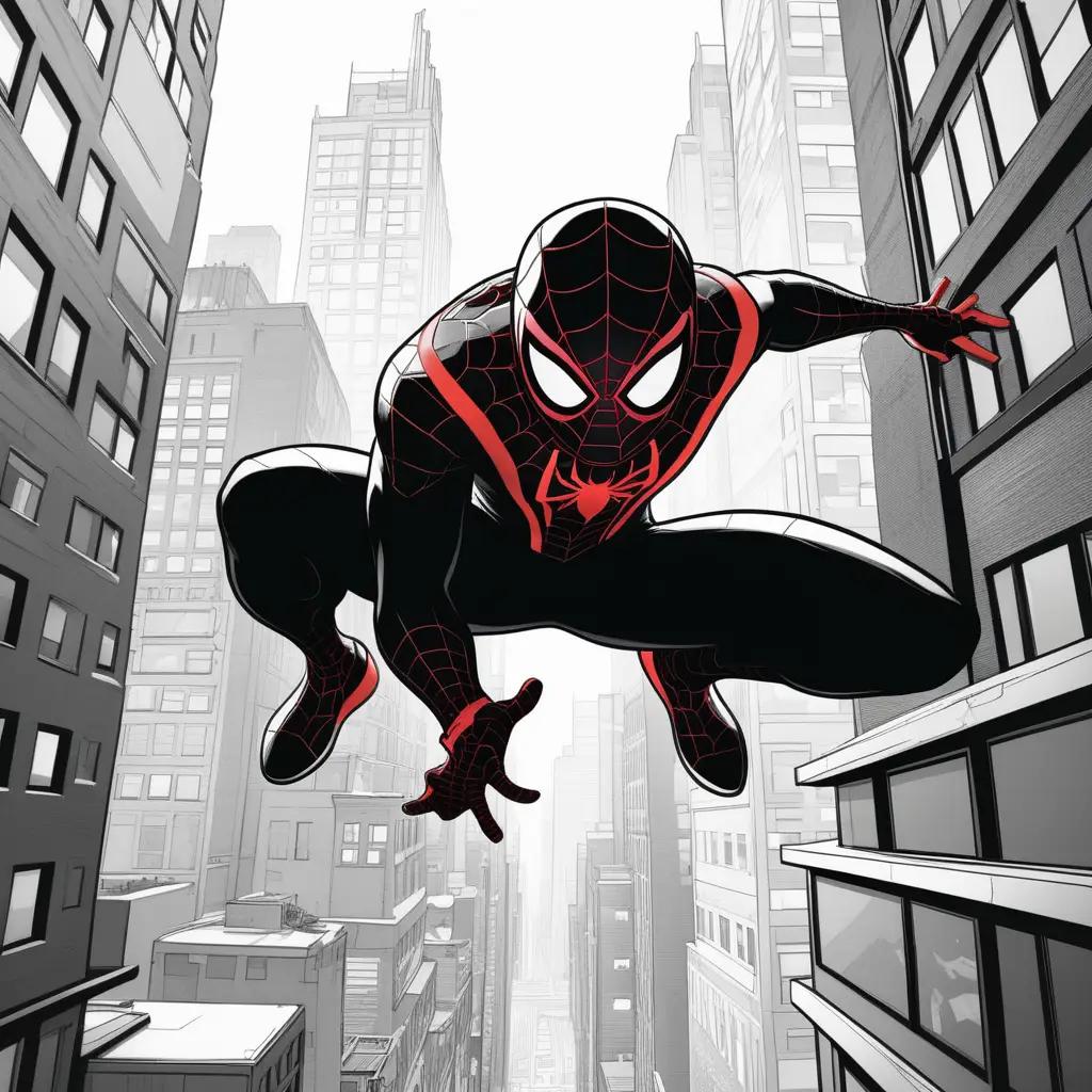 Black and white comic of Spiderman in a city