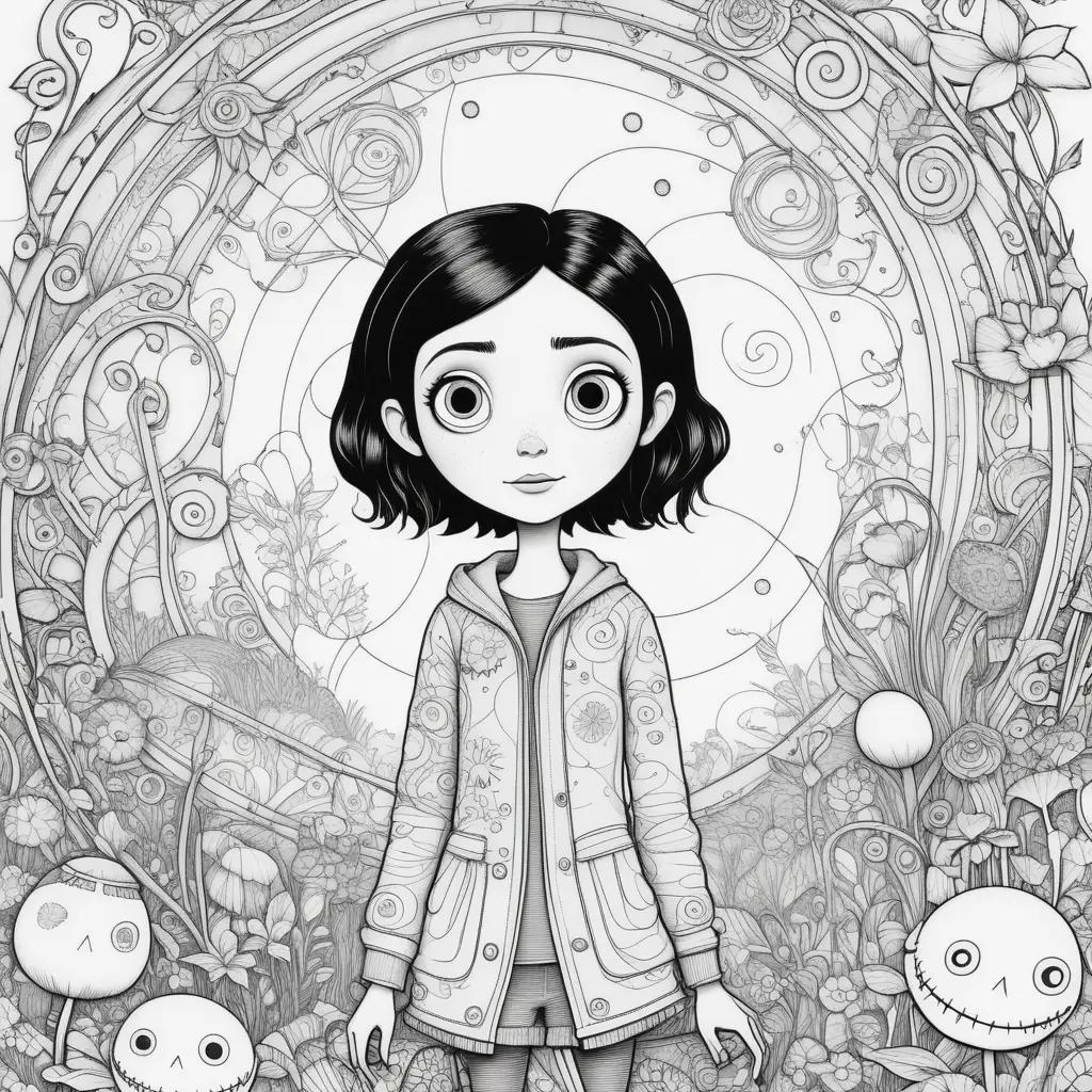 Black and white coraline coloring page