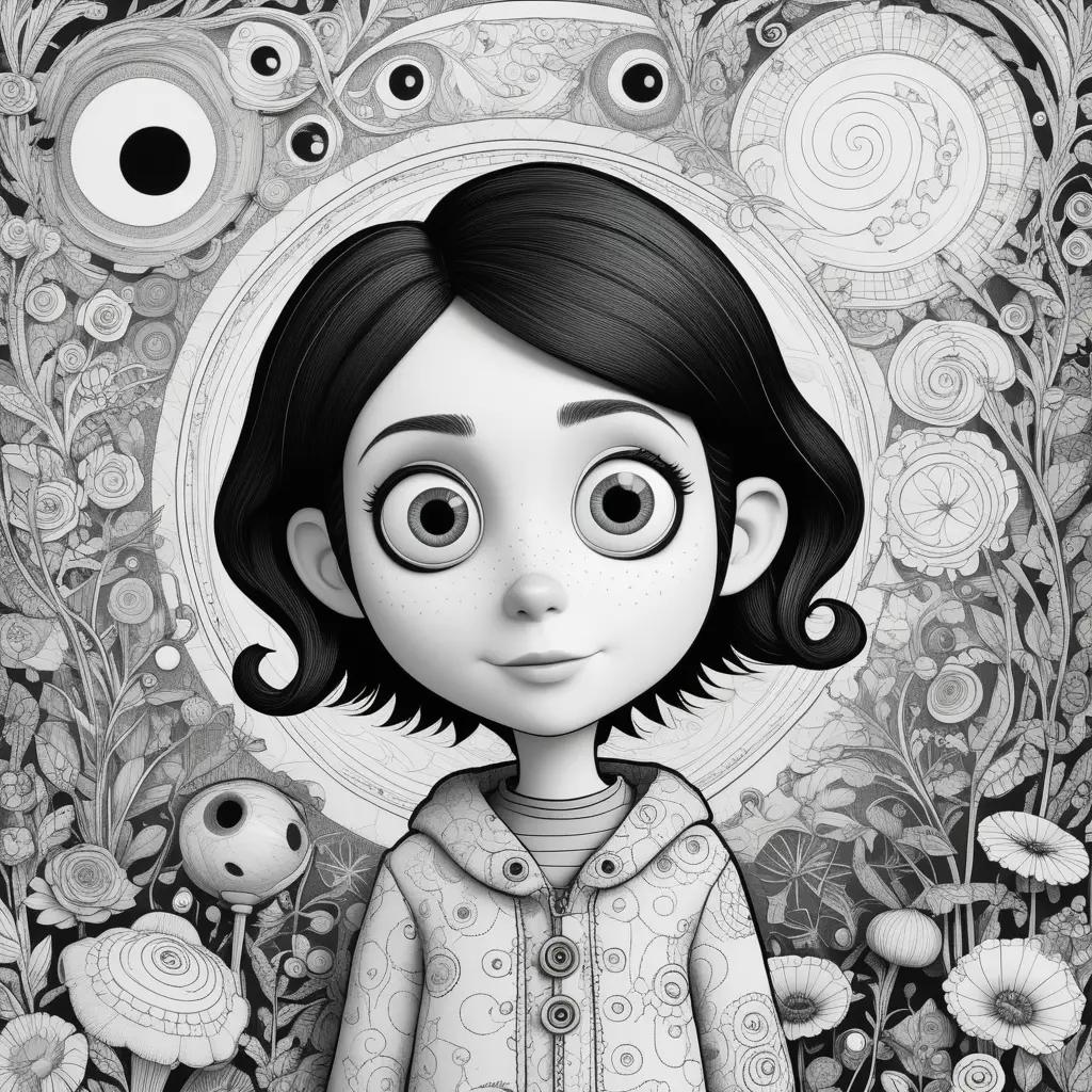 Black and white coraline coloring page with cartoon girl