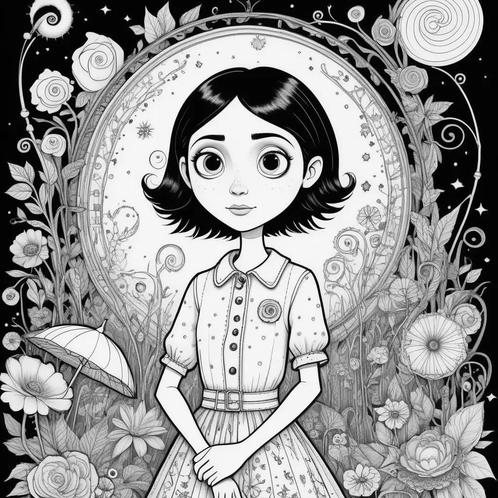 Black and white coraline coloring page with flowers