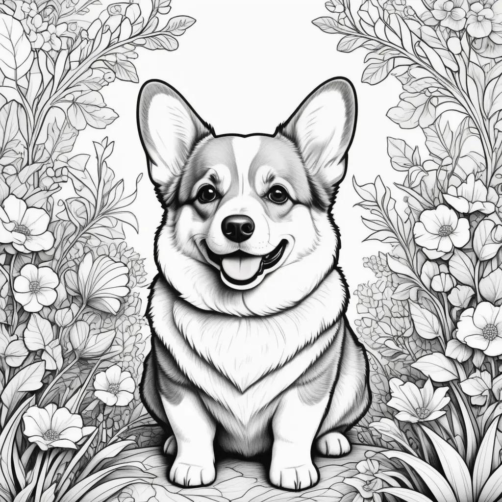 Black and white corgi dog coloring page with flowers