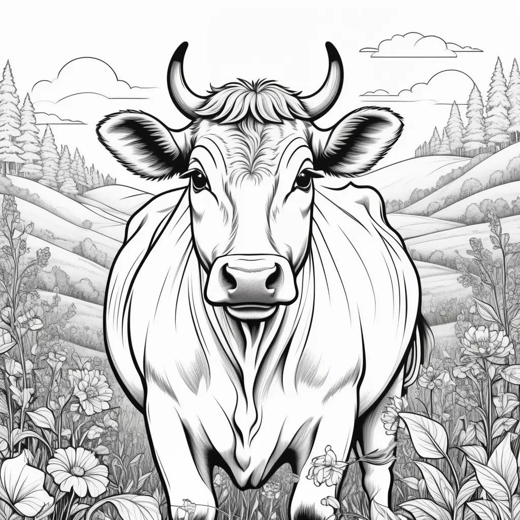 Black and white cow coloring page in a field