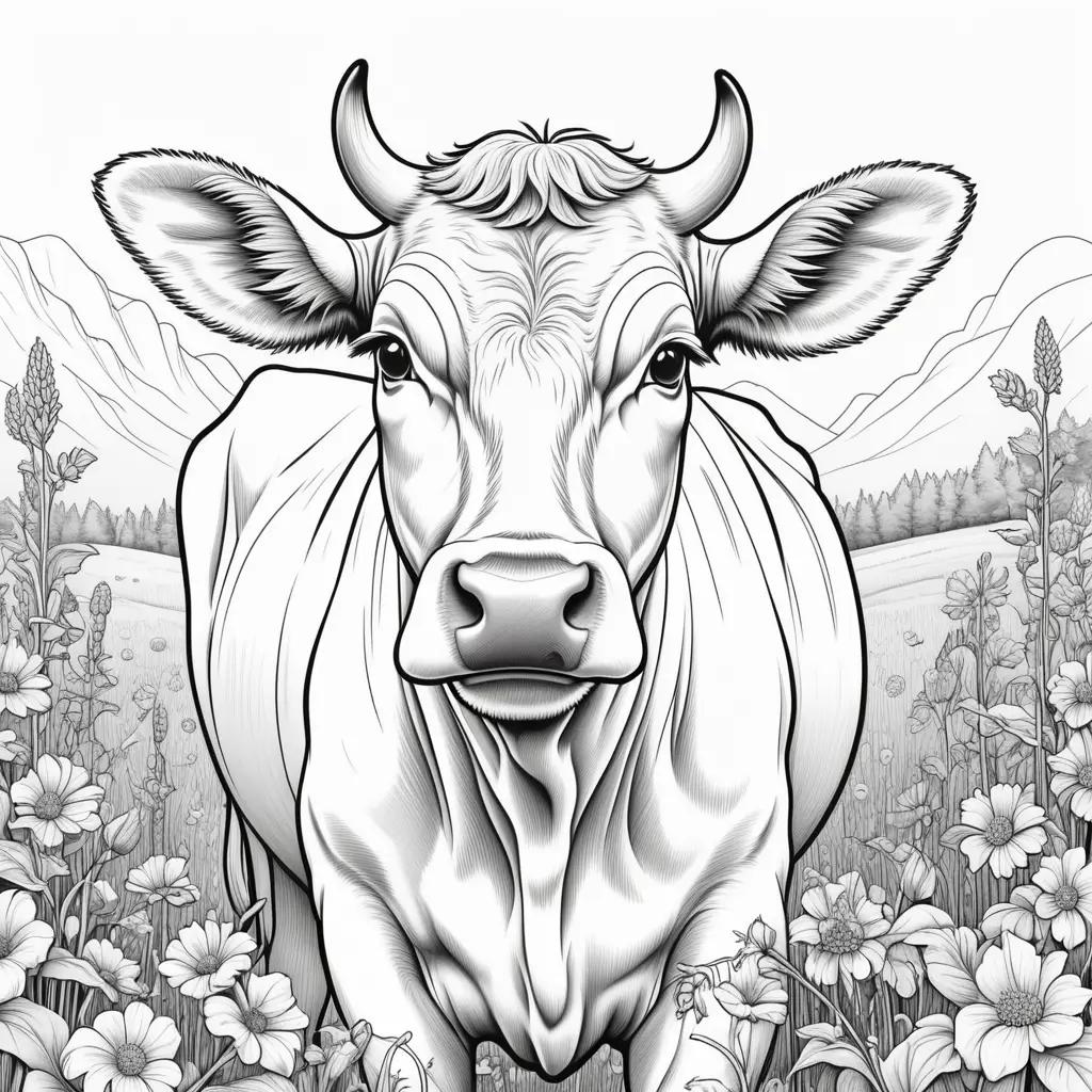 Black and white cow coloring page with flowers