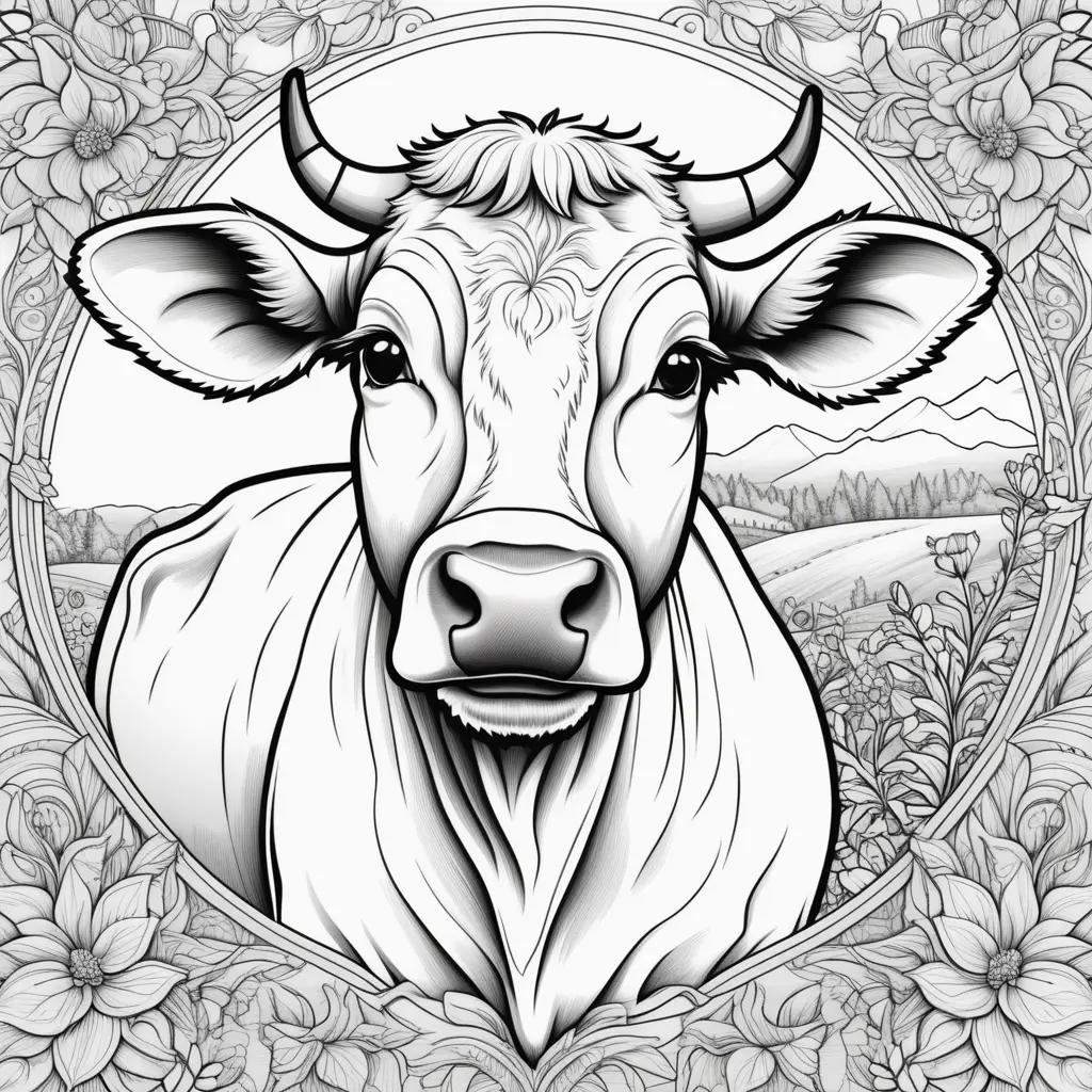 Black and white cow coloring page with flowers