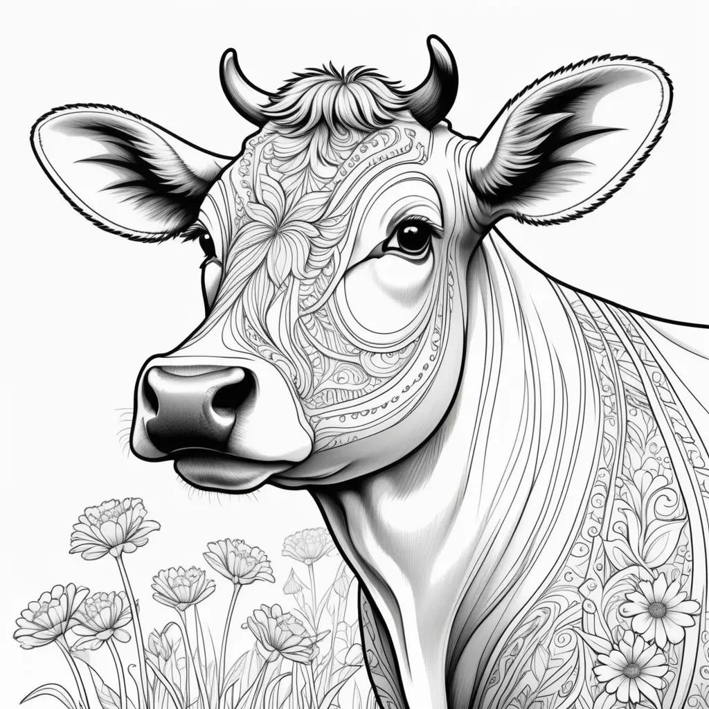 Black and white cow coloring page with flowers