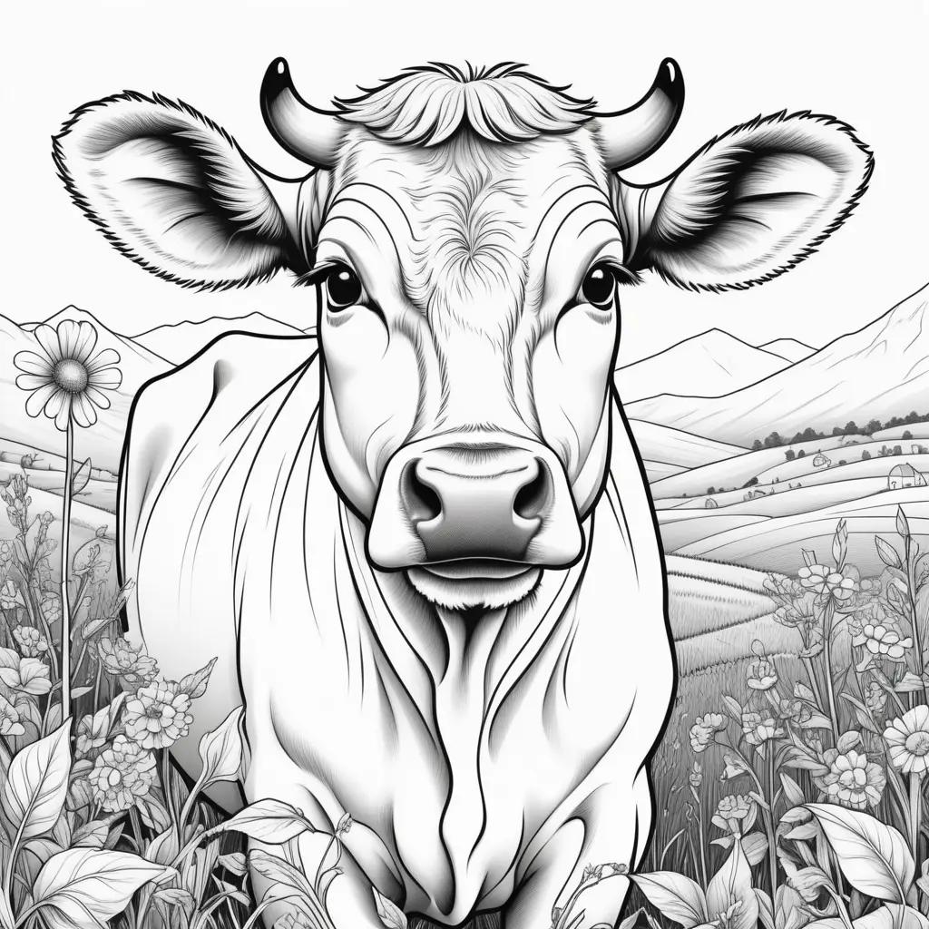 Black and white cow coloring page with flowers