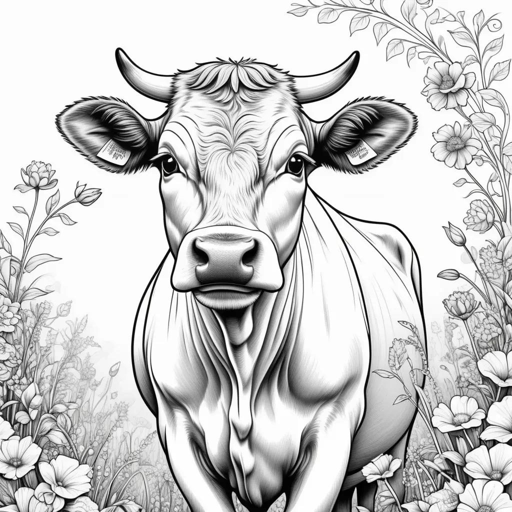 Black and white cow coloring page with flowers and leaves