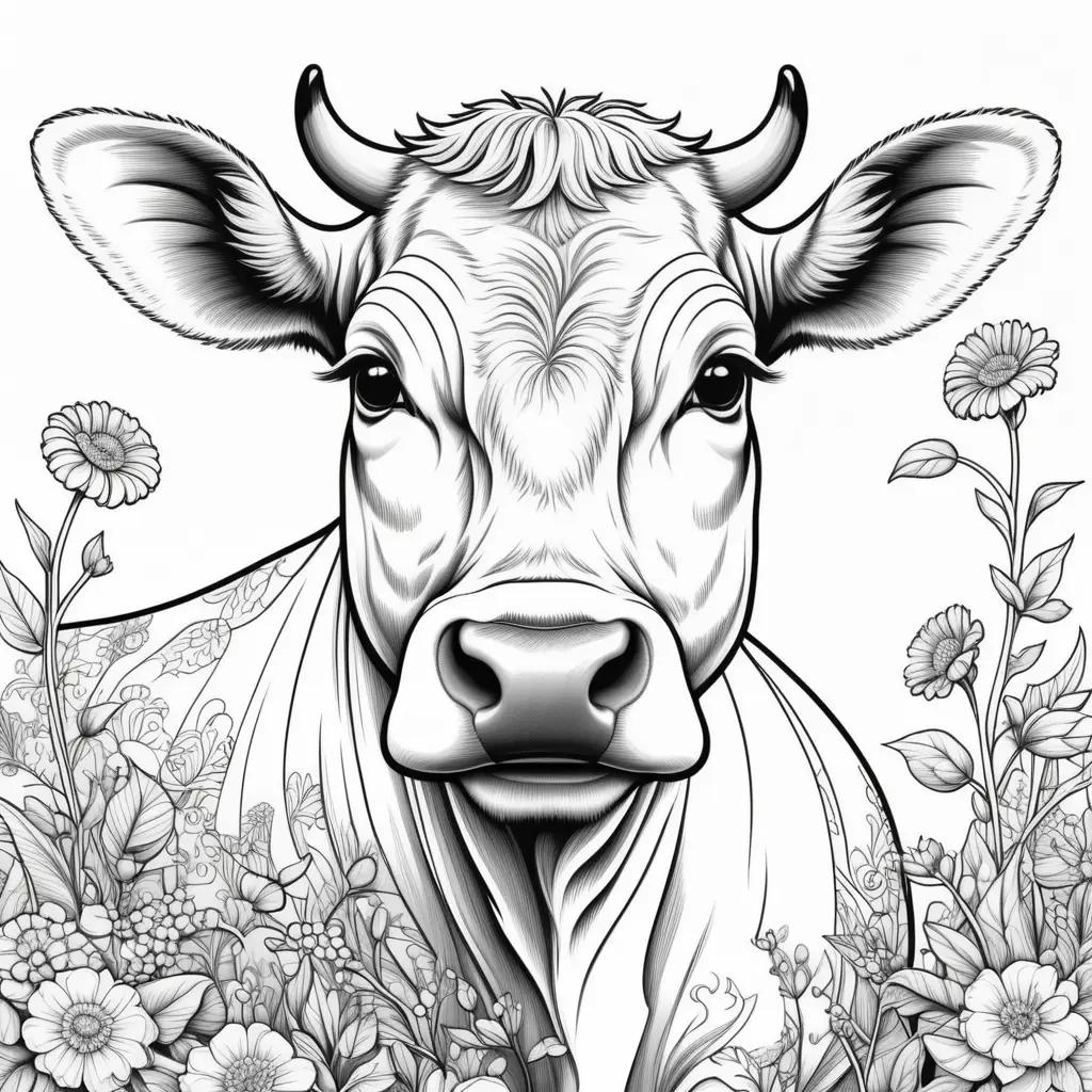 Black and white cow coloring page with flowers