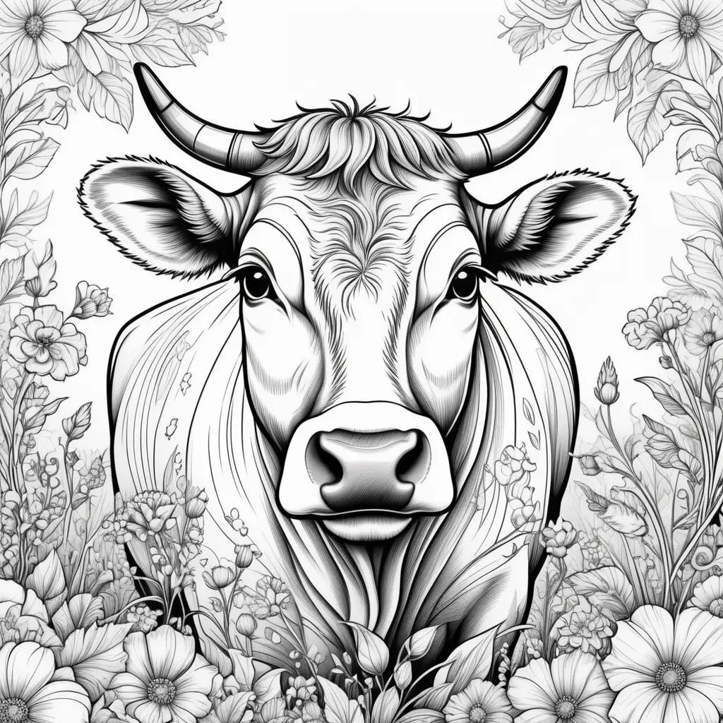 Black and white cow coloring pages with flowers