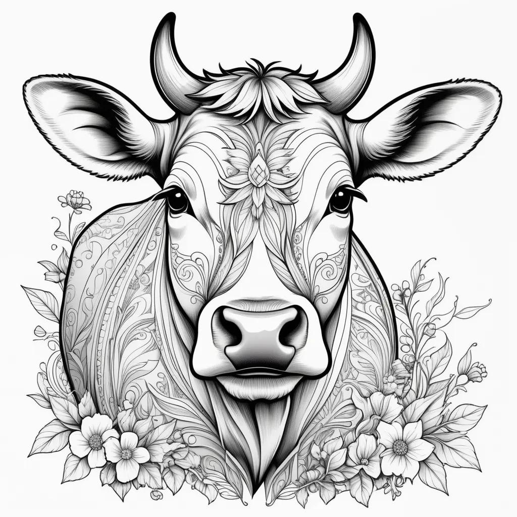 Black and white cow coloring pages with flowers