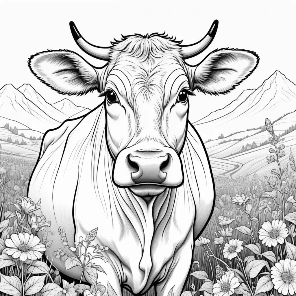 背景に花を描いている黒と白の牛