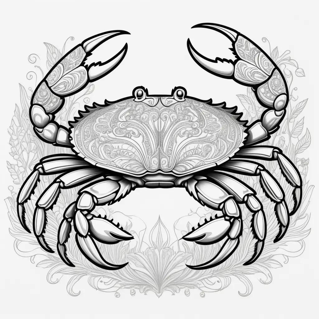 Black and white crab color page with floral background