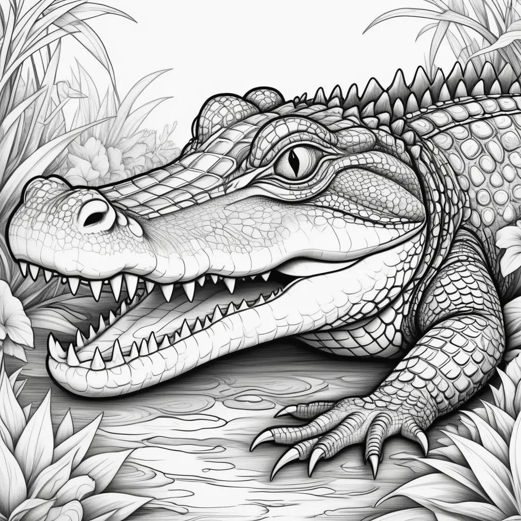 Black and white crocodile coloring pages, tropical scene