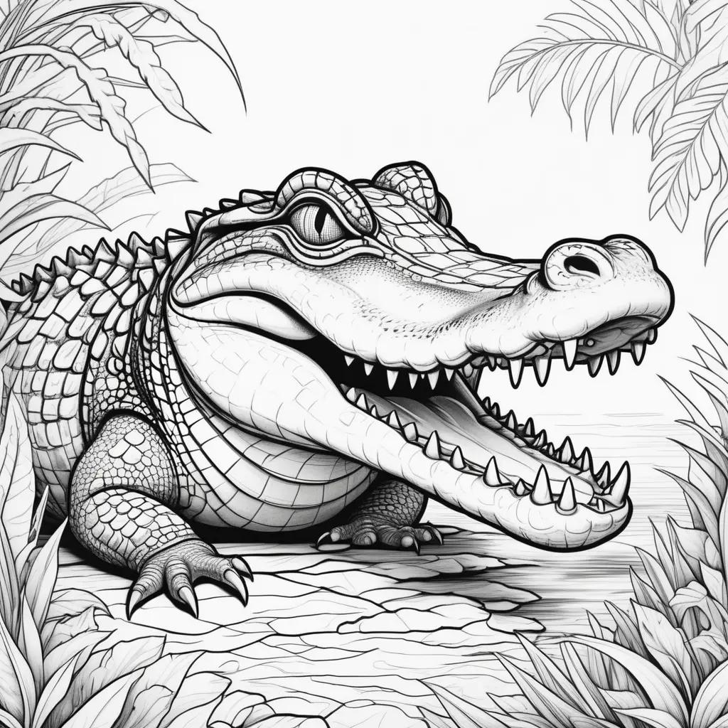 Black and white crocodile coloring pages with green plants in background