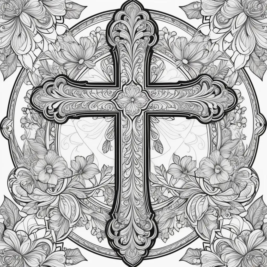 Black and white cross coloring page with flowers