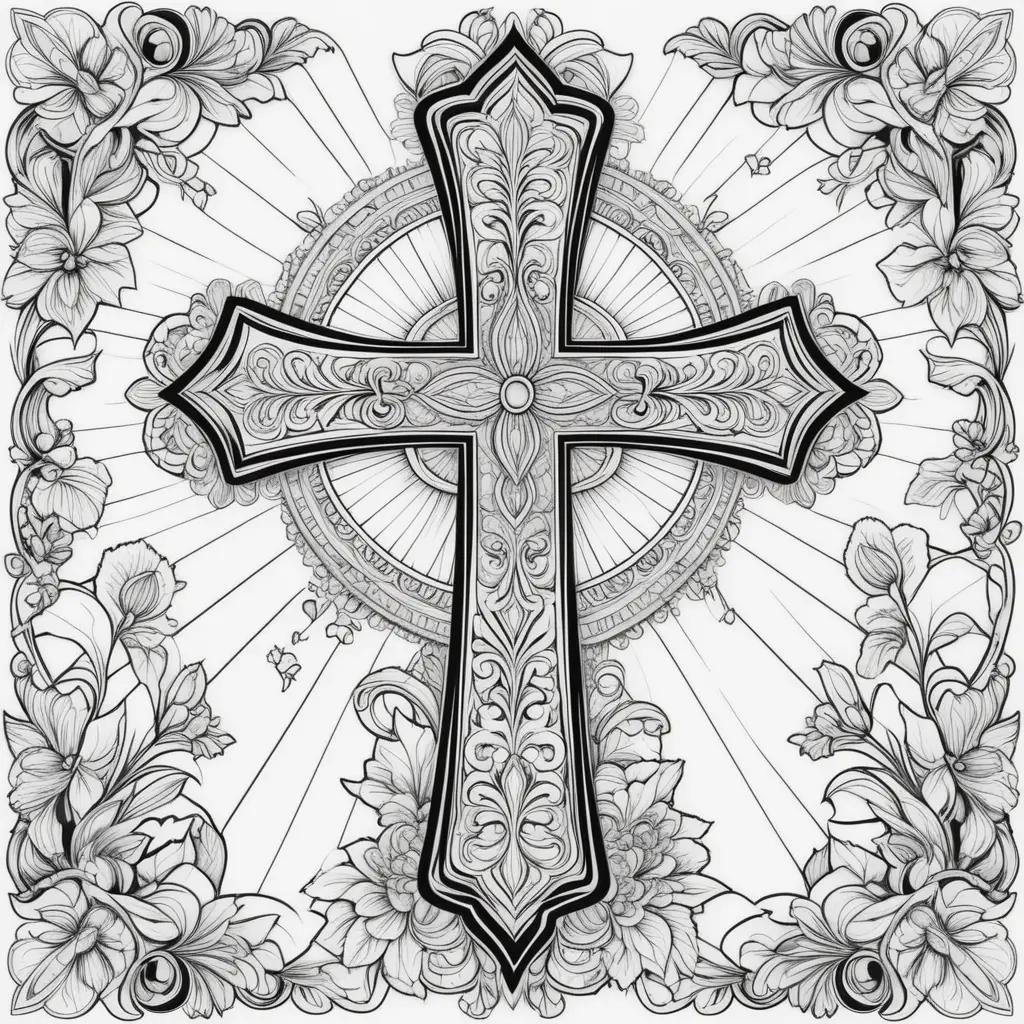 Black and white cross coloring page with ornate design