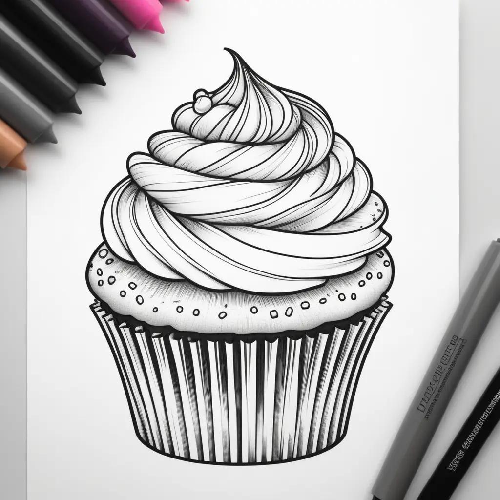 Black and white cupcake coloring page with colored pencils